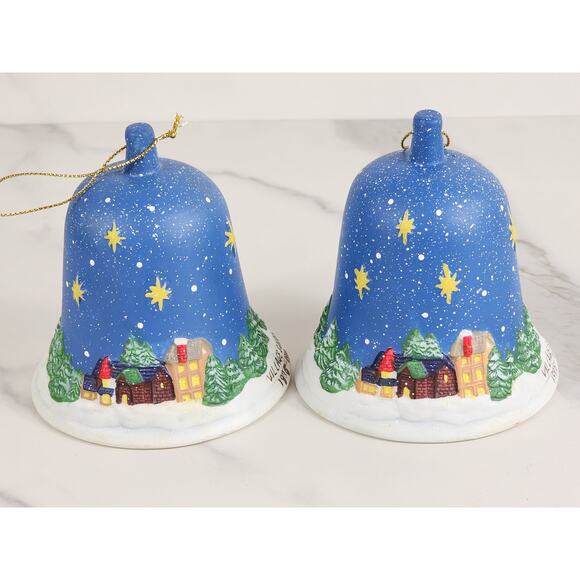 Christmas Village Square Bell Ornaments 4" Porcelain 90's Blue Lot of 2 Vintage - Picture 6 of 12